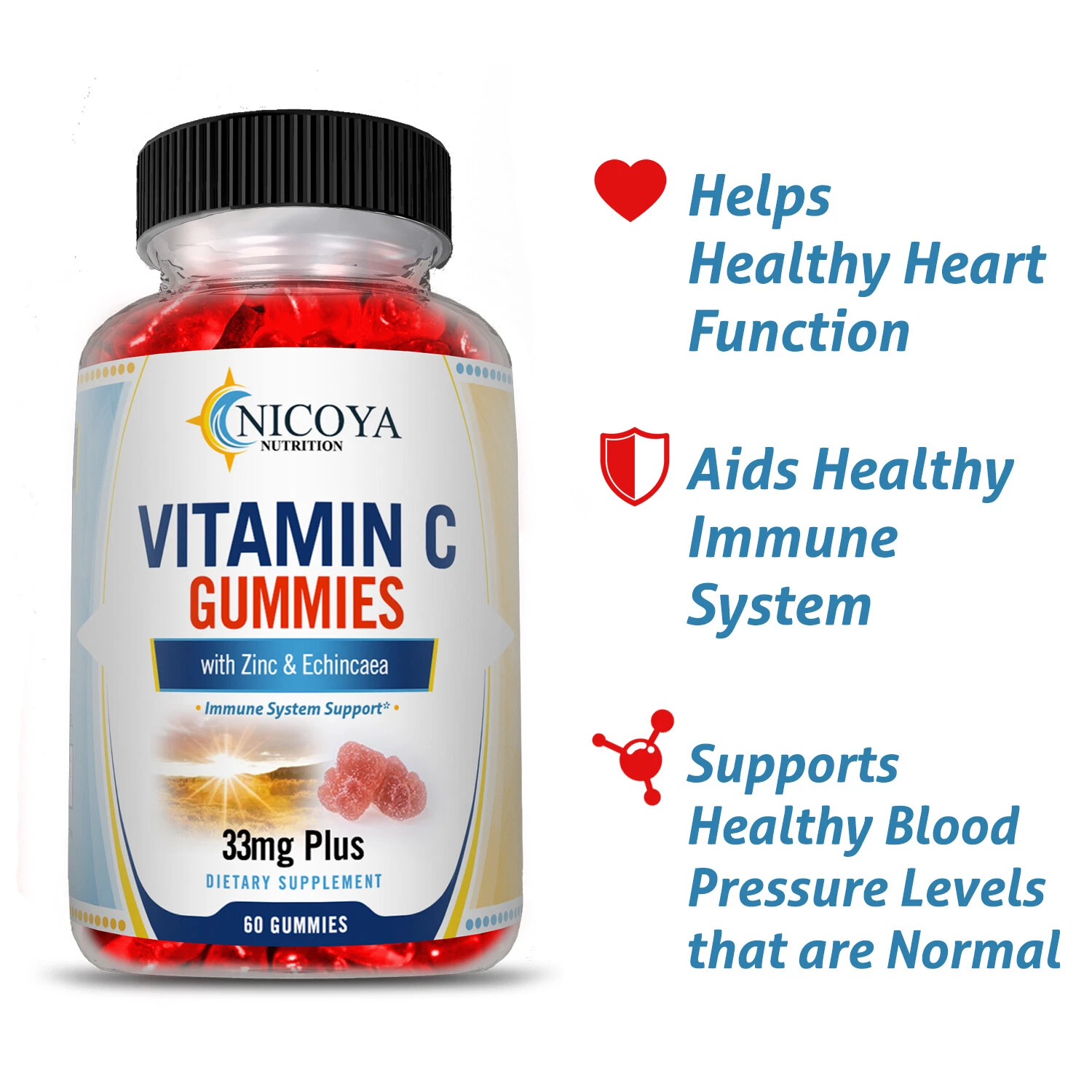 Bottle of Vitamin C Gummies for Immune & Heart Support – 60ct, 33mg+ to support health and wellness
