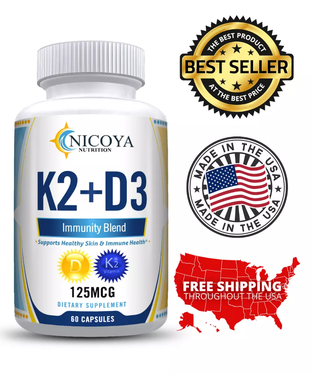 Bottle of Vitamin K2 & D3 Supplement for Bone & Immune Support – 125 MCG, BioPerine Capsules to support health and wellness
