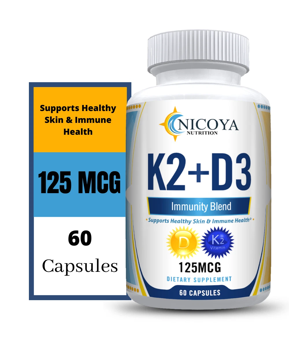 Bottle of Vitamin K2 & D3 Supplement for Bone & Immune Support – 125 MCG, BioPerine Capsules to support health and wellness