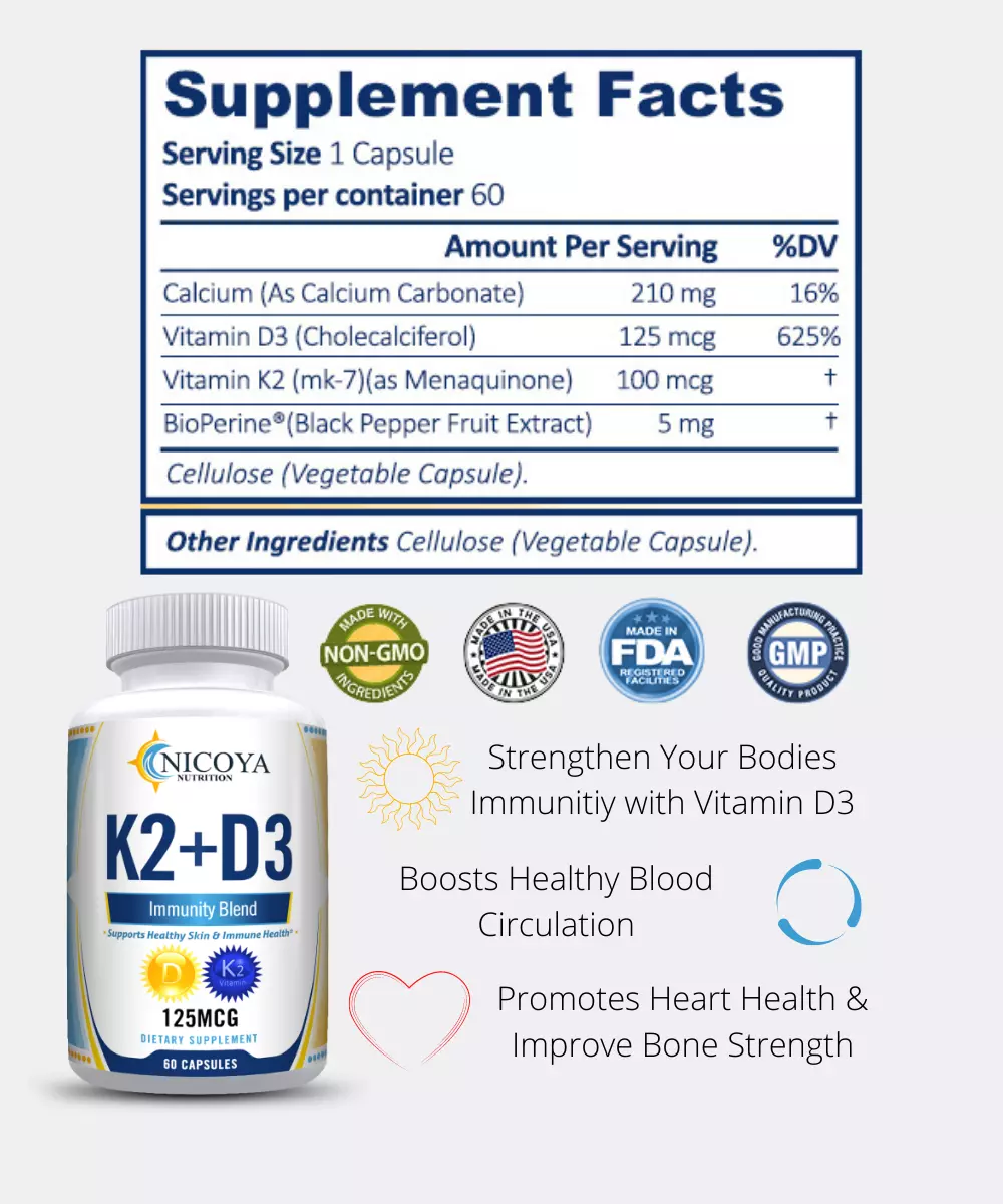 Bottle of Vitamin K2 & D3 Supplement for Bone & Immune Support – 125 MCG, BioPerine Capsules to support health and wellness