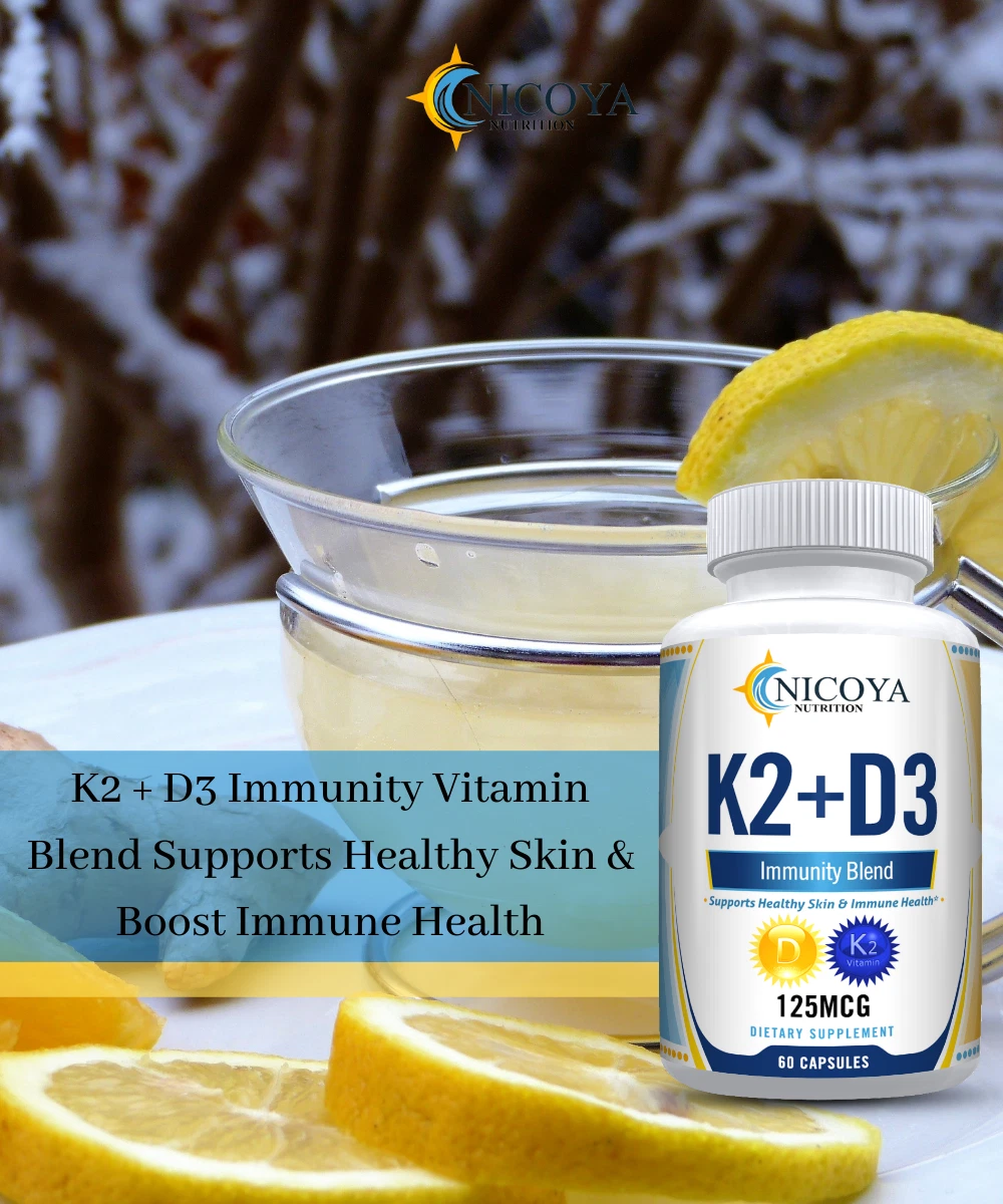 Bottle of Vitamin K2 & D3 Supplement for Bone & Immune Support – 125 MCG, BioPerine Capsules to support health and wellness
