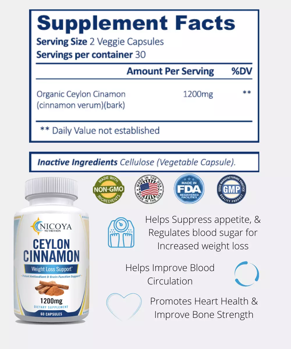 Bottle of Ceylon Cinnamon Supplement for Blood Sugar & Heart Support – 60ct to support health and wellness