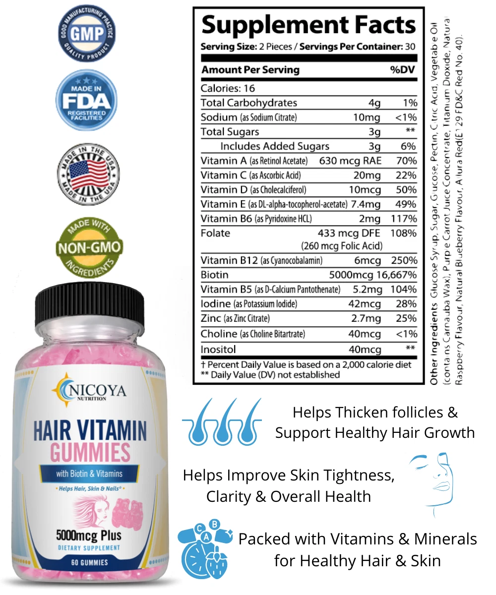 Bottle of Biotin Hair Growth Gummies for Hair Growth & Health Support – 5000mcg, 60ct to support health and wellness