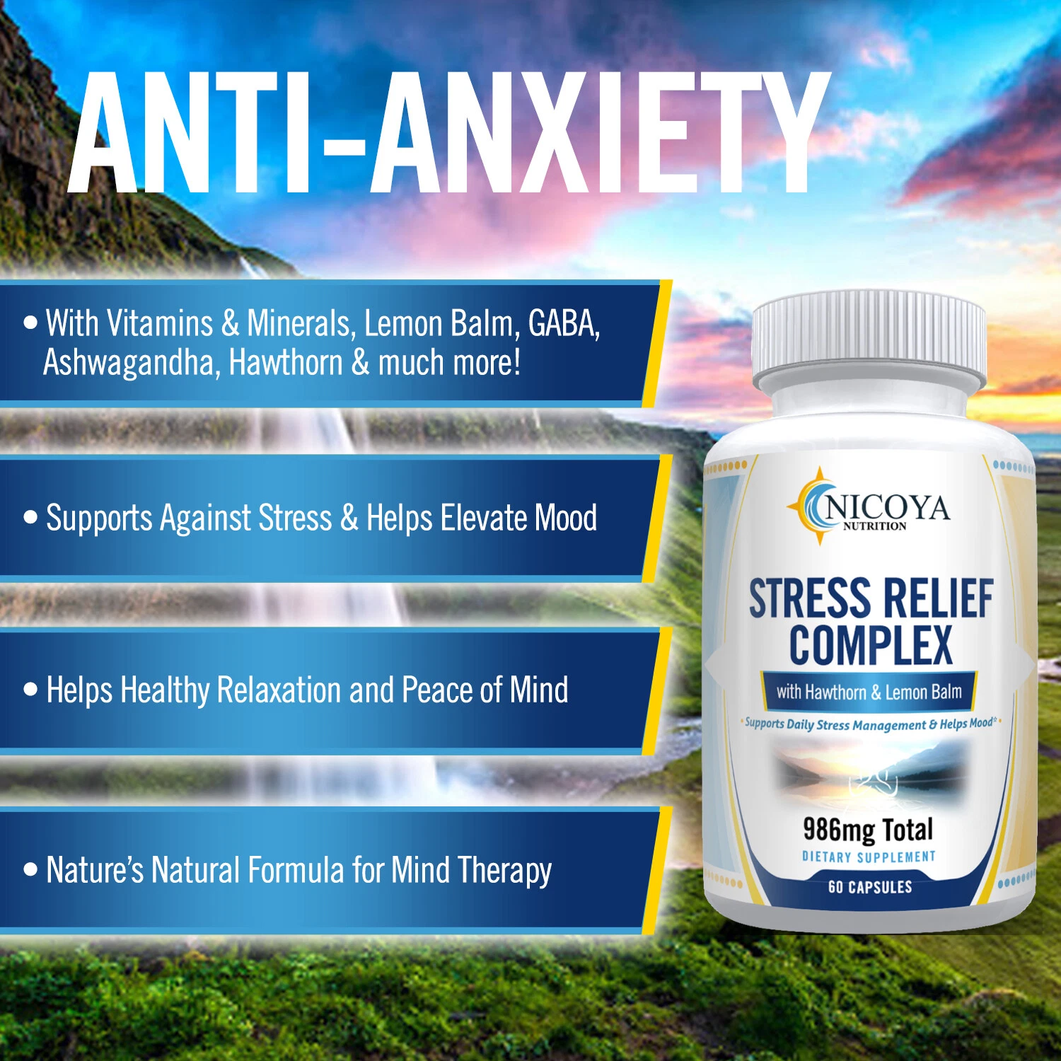 Bottle of Stress Relief & Anti-Anxiety Vitamin Supplement – Natural Calming Capsules to support health and wellness