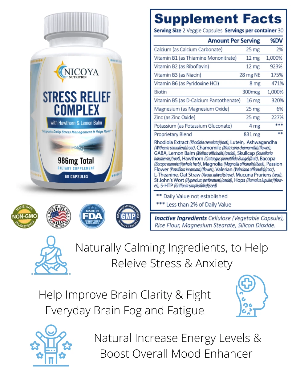 Bottle of Stress Relief & Anti-Anxiety Vitamin Supplement – Natural Calming Capsules to support health and wellness