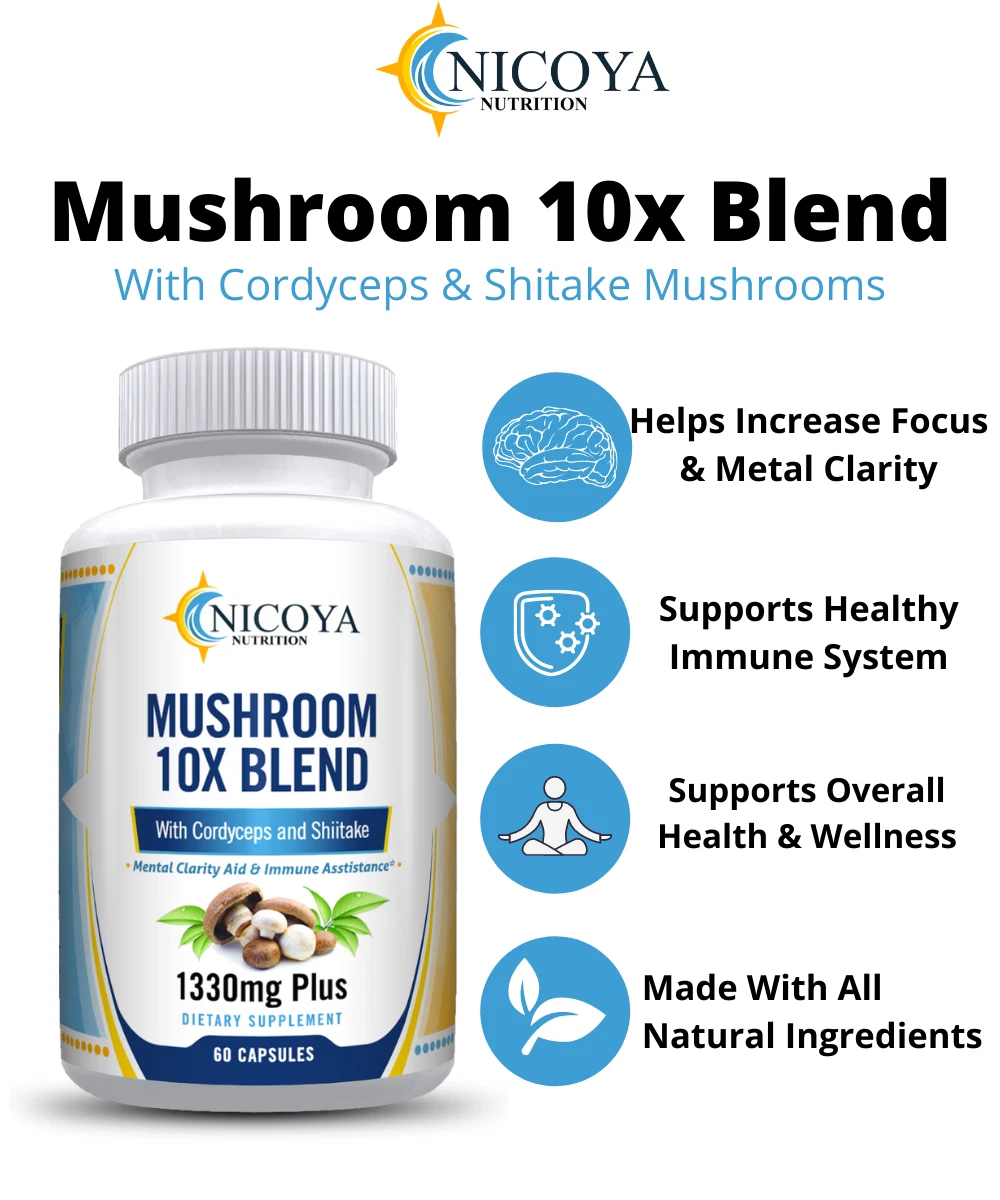 Bottle of Mushroom Complex Supplement for Immune & Cognitive Support – 10x Blend to support health and wellness
