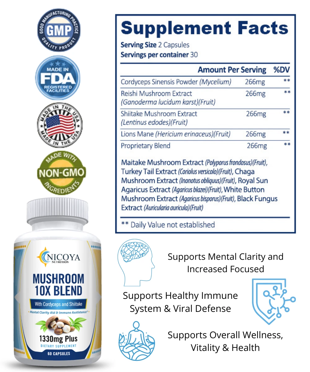 Bottle of Mushroom Complex Supplement for Immune & Cognitive Support – 10x Blend to support health and wellness