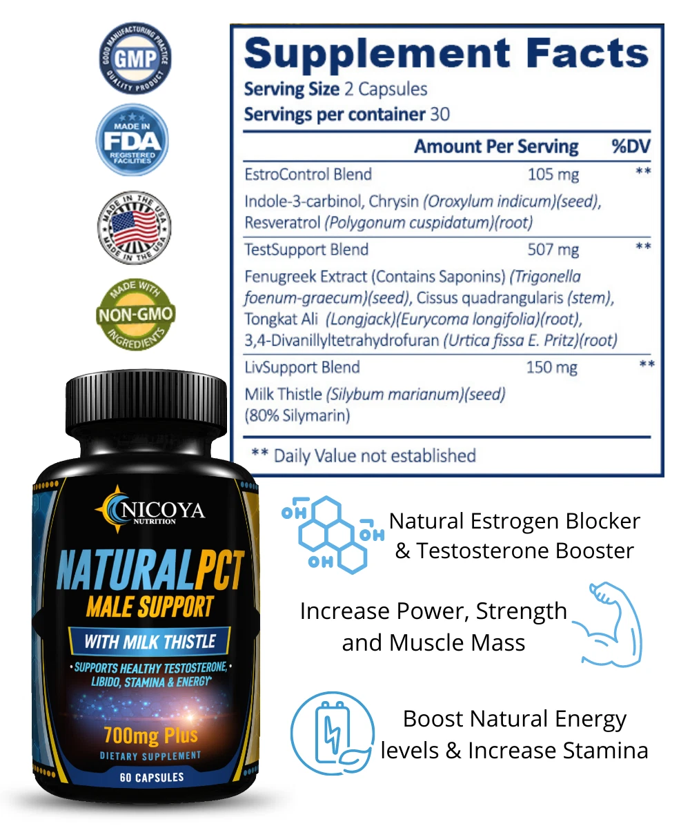Bottle of PCT Supplement for Hormone & Male Support – 700 MG+ to support health and wellness