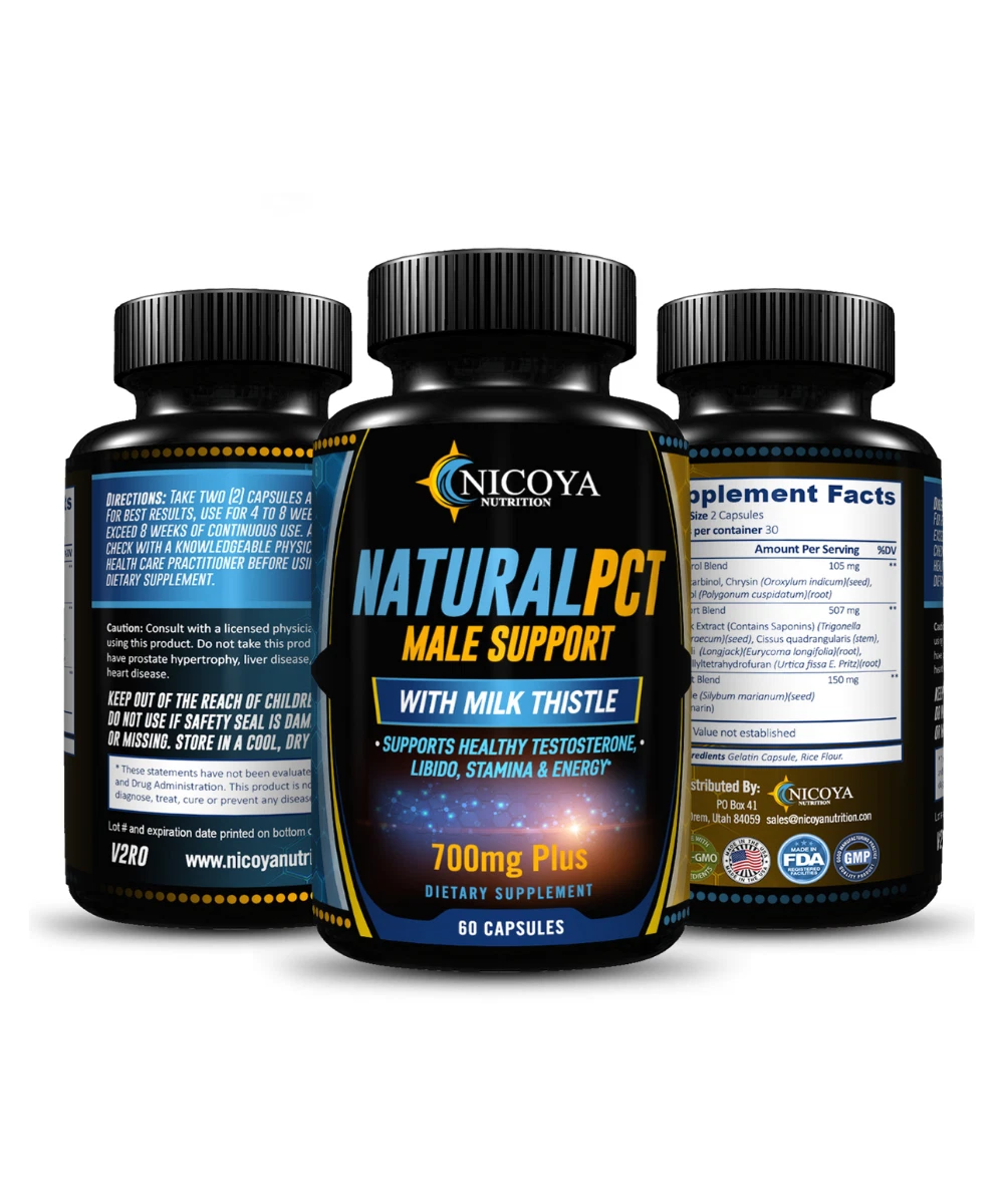 Bottle of PCT Supplement for Hormone & Male Support – 700 MG+ to support health and wellness