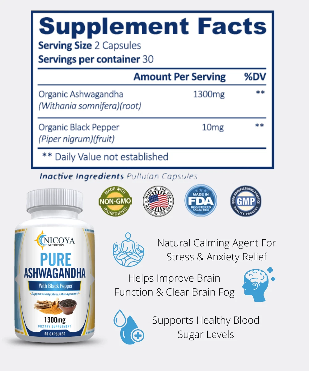 Bottle of Ashwagandha Supplement for Stress & Calm Support – 1300mg, Organic to support health and wellness