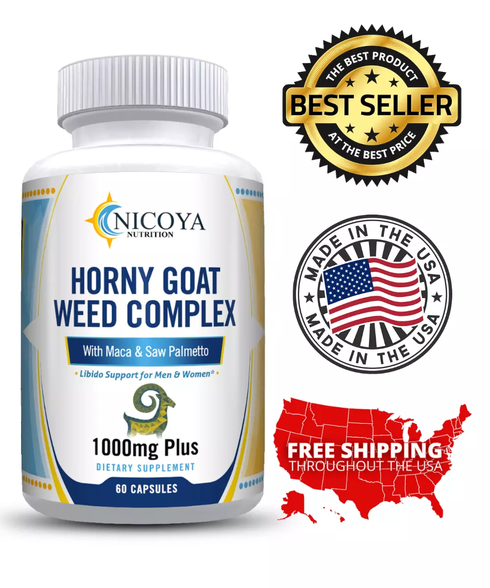 Bottle of Horny Goat Weed Supplement with Maca & Ginseng for Libido & Energy Support – 1000 MG+ to support health and wellness
