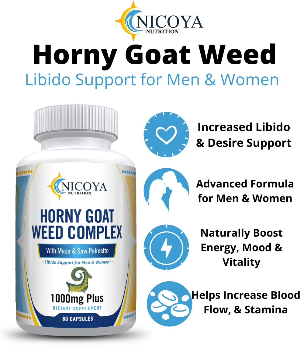 Bottle of Horny Goat Weed Supplement with Maca & Ginseng for Libido & Energy Support – 1000 MG+ to support health and wellness