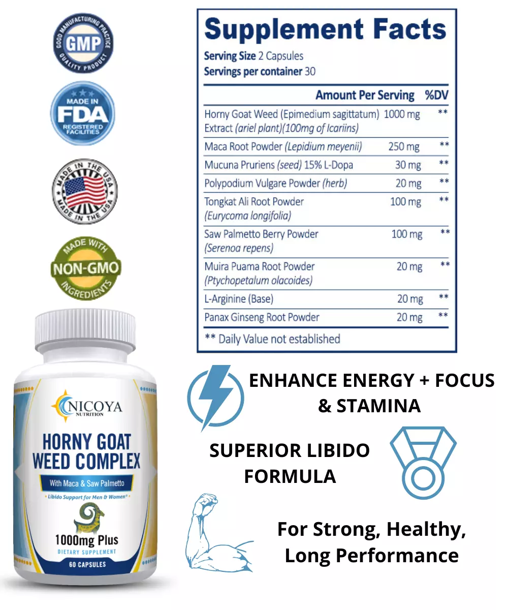 Bottle of Horny Goat Weed Supplement with Maca & Ginseng for Libido & Energy Support – 1000 MG+ to support health and wellness