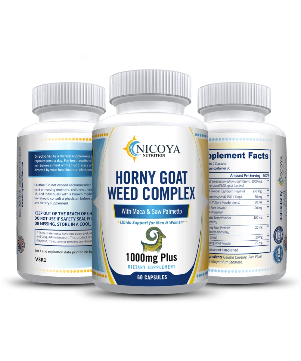 Bottle of Horny Goat Weed Supplement with Maca & Ginseng for Libido & Energy Support – 1000 MG+ to support health and wellness