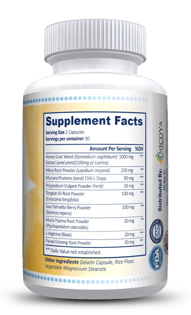 Bottle of Horny Goat Weed Supplement with Maca & Ginseng for Libido & Energy Support – 1000 MG+ to support health and wellness