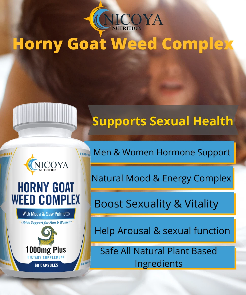 Bottle of Horny Goat Weed Supplement with Maca & Ginseng for Libido & Energy Support – 1000 MG+ to support health and wellness