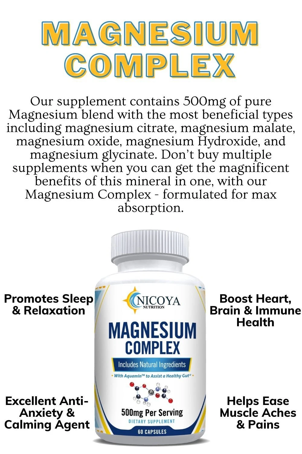 Bottle of Magnesium Complex Supplement for Stress & Relaxation Support – 500mg to support health and wellness