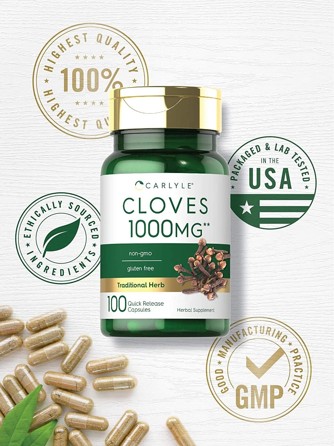 Bottle of Cloves Supplement Capsules 1000mg to support health and wellness