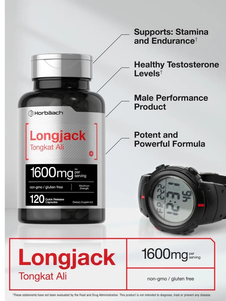 Bottle of Longjack (Tongkat Ali) 1600mg to support health and wellness