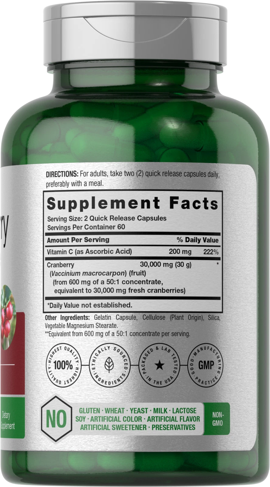 Bottle of Cranberry Capsules 30,000mg + Vitamin C to support health and wellness
