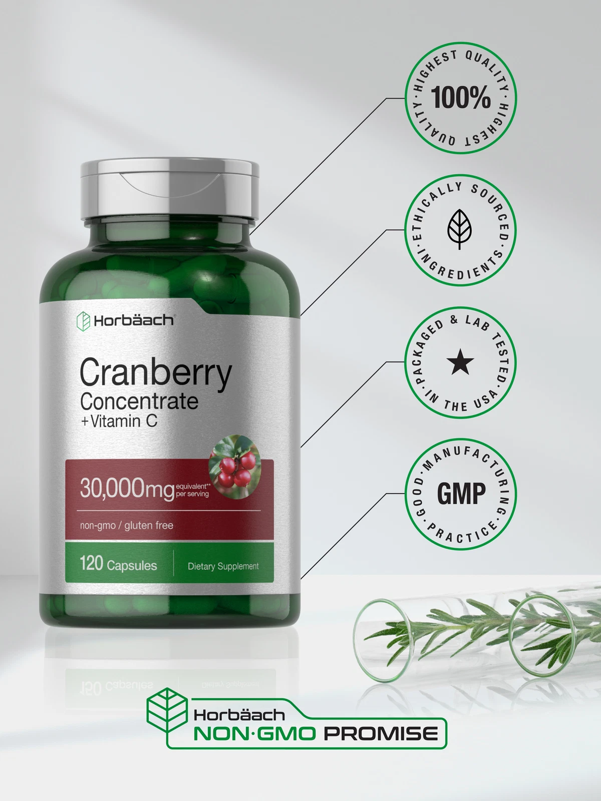 Bottle of Cranberry Capsules 30,000mg + Vitamin C to support health and wellness