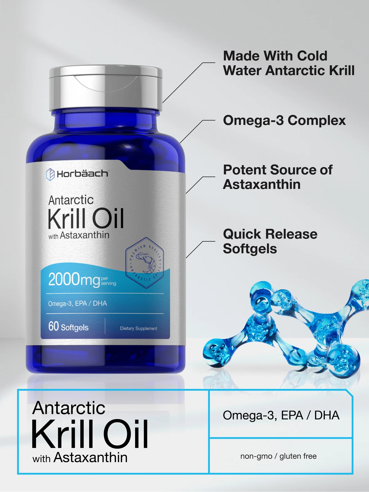 Bottle of Horbaach Krill Oil 2000mg to support health and wellness