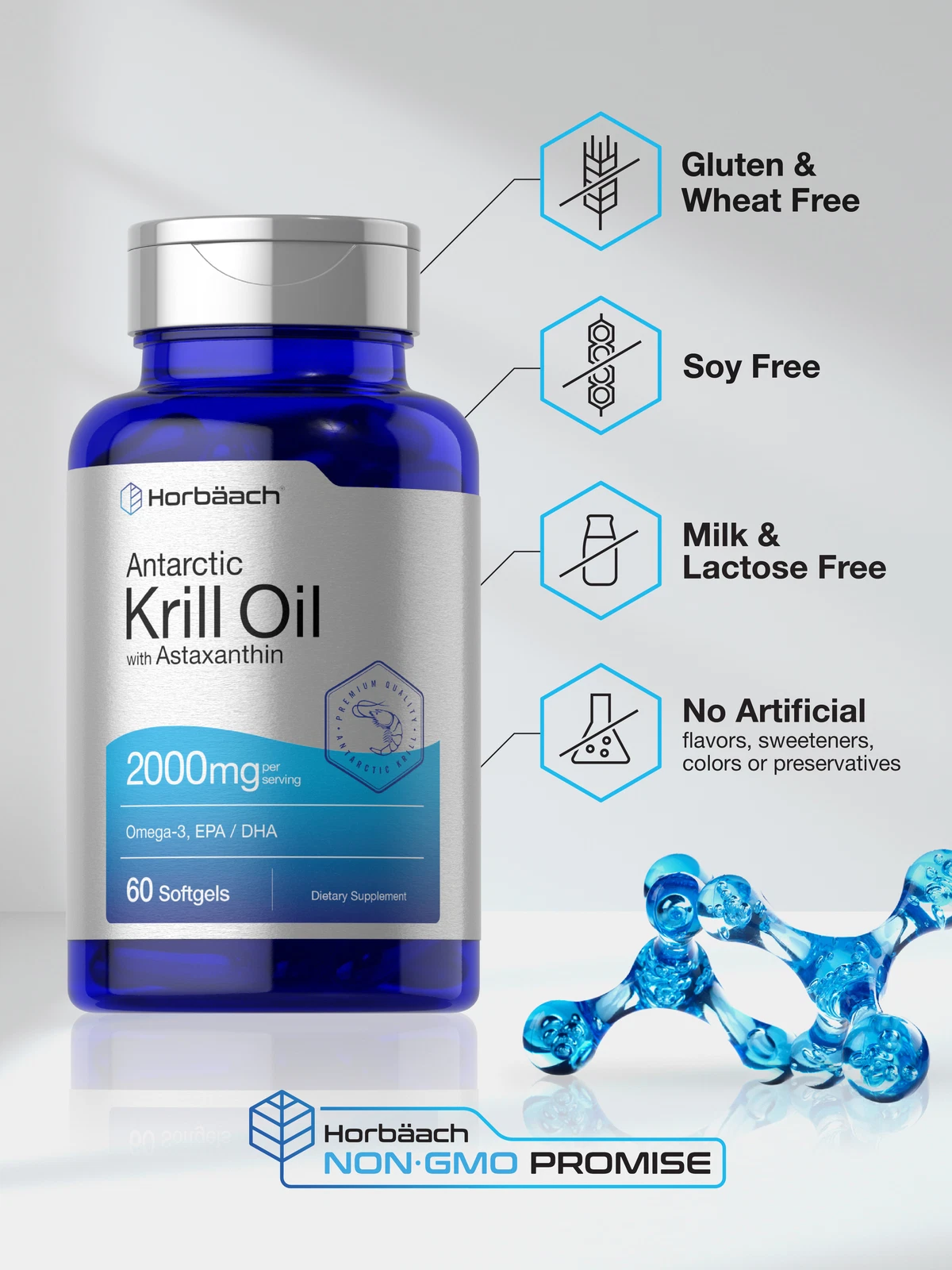 Bottle of Horbaach Krill Oil 2000mg to support health and wellness