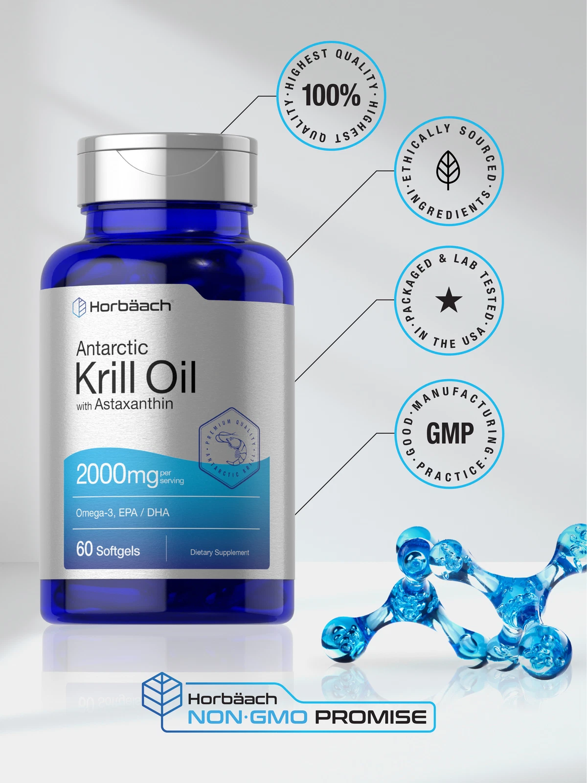 Bottle of Horbaach Krill Oil 2000mg to support health and wellness