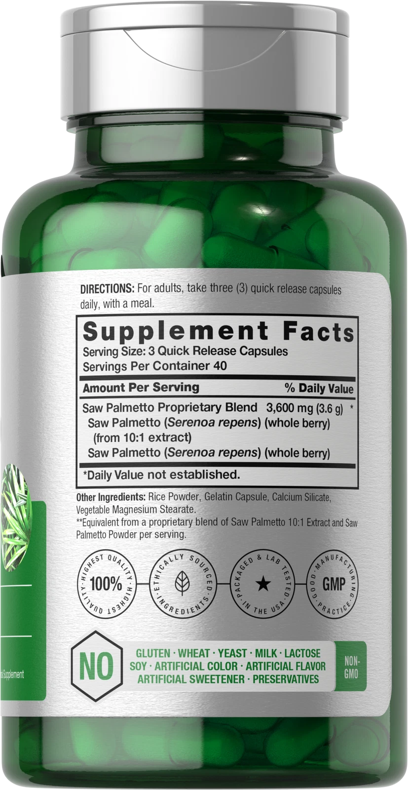 Bottle of Saw Palmetto Extract 3600mg to support health and wellness