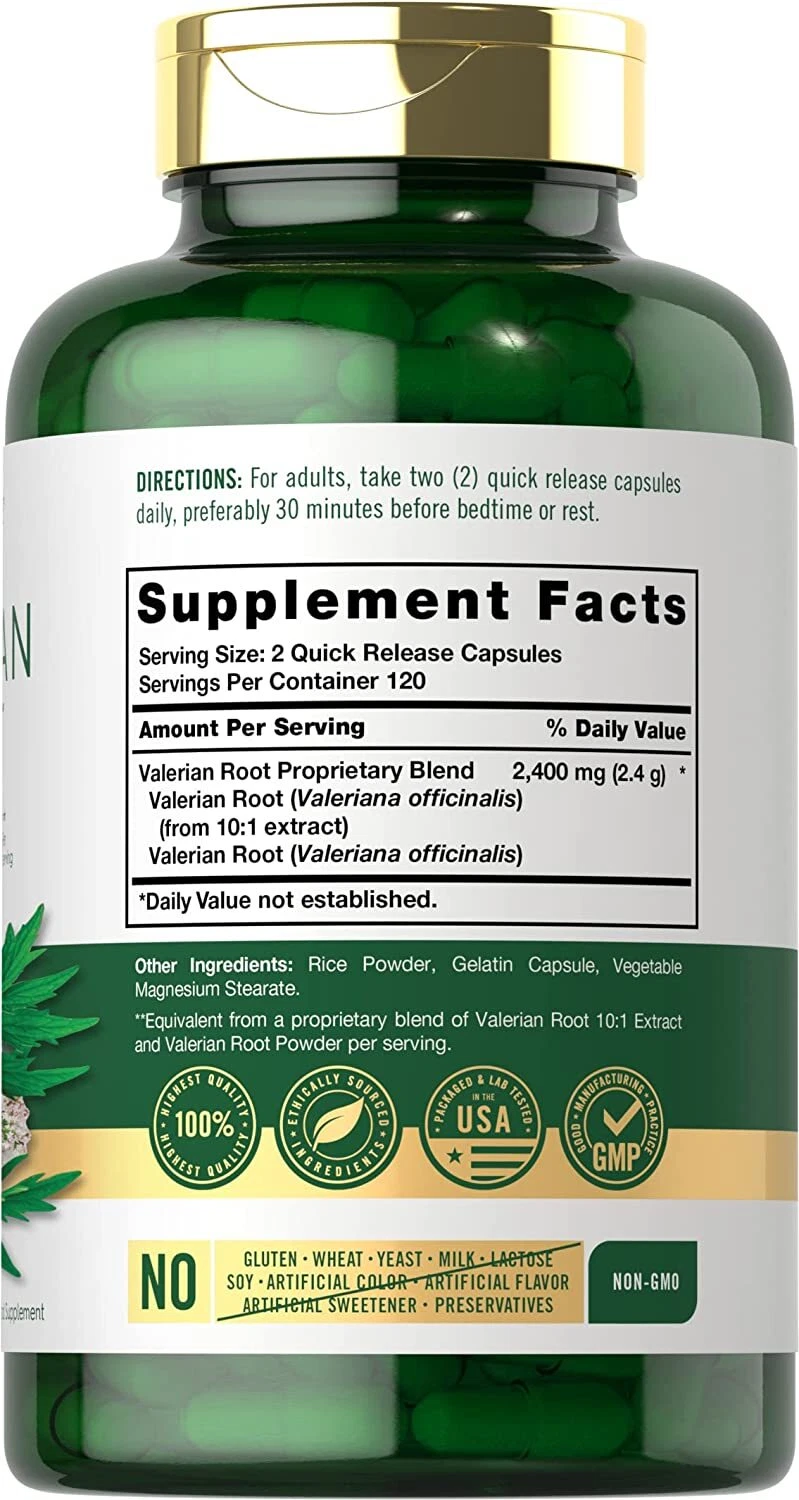 Bottle of Valerian Root Capsules 2400mg to support health and wellness