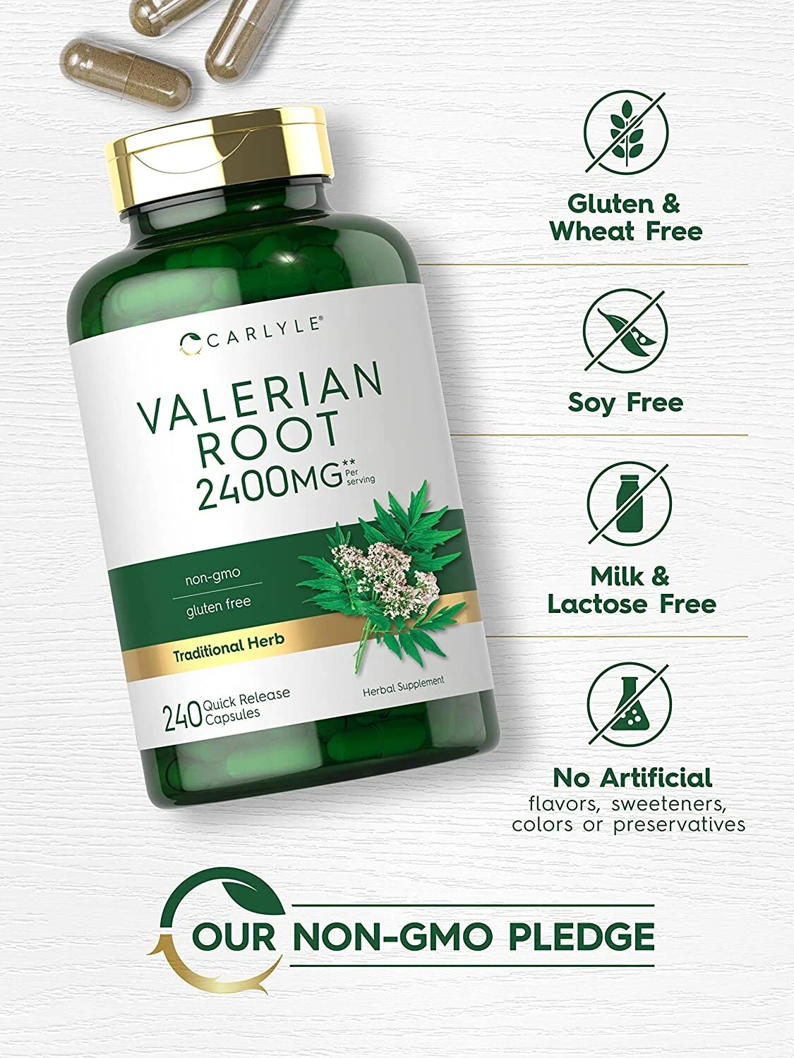 Bottle of Valerian Root Capsules 2400mg to support health and wellness