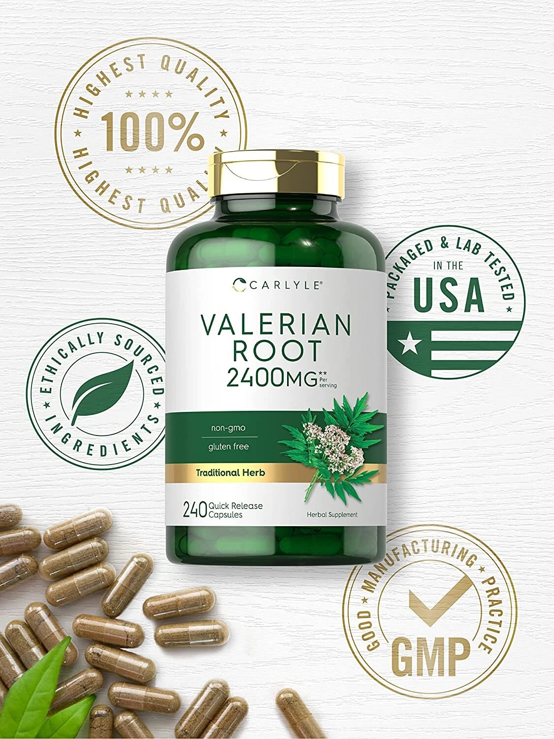 Bottle of Valerian Root Capsules 2400mg to support health and wellness