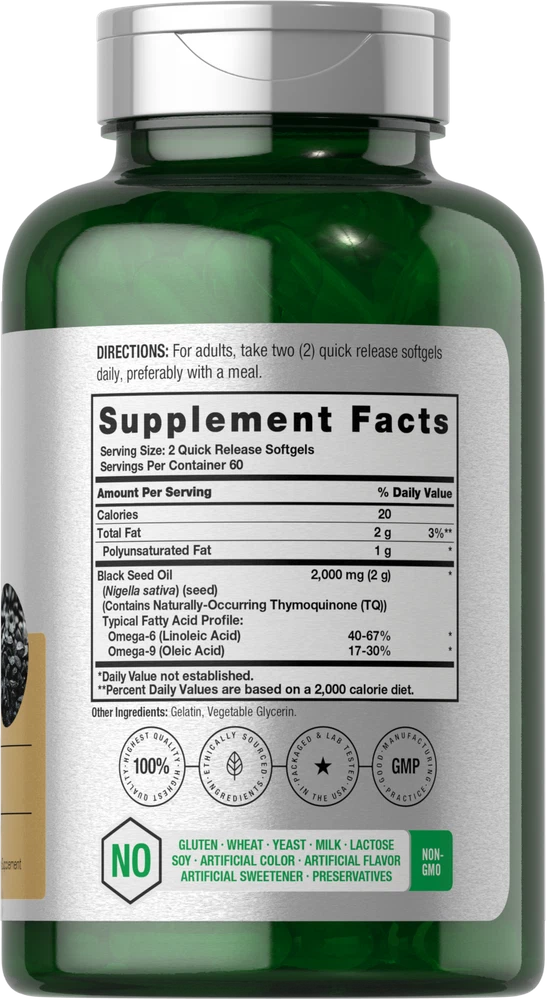 Bottle of Black Seed Oil 2000mg to support health and wellness