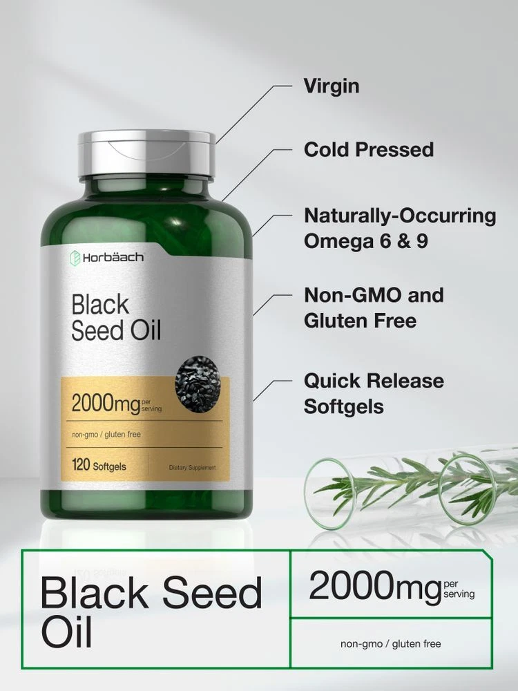Bottle of Black Seed Oil 2000mg to support health and wellness