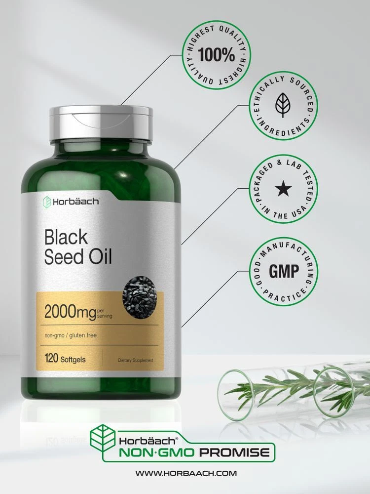 Bottle of Black Seed Oil 2000mg to support health and wellness