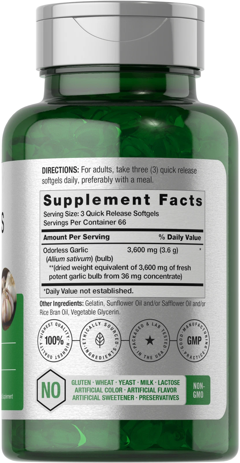 Bottle of Odorless Garlic Pills 3600mg to support health and wellness