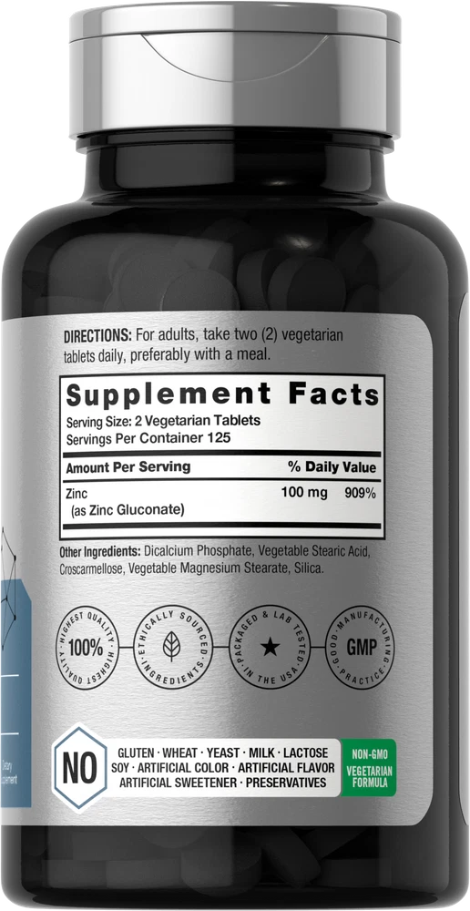 Bottle of Chelated Zinc Supplement 100mg to support health and wellness