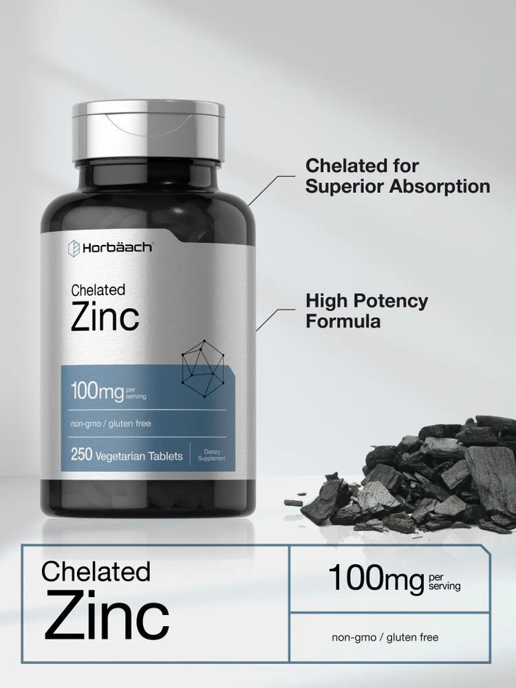 Bottle of Chelated Zinc Supplement 100mg to support health and wellness