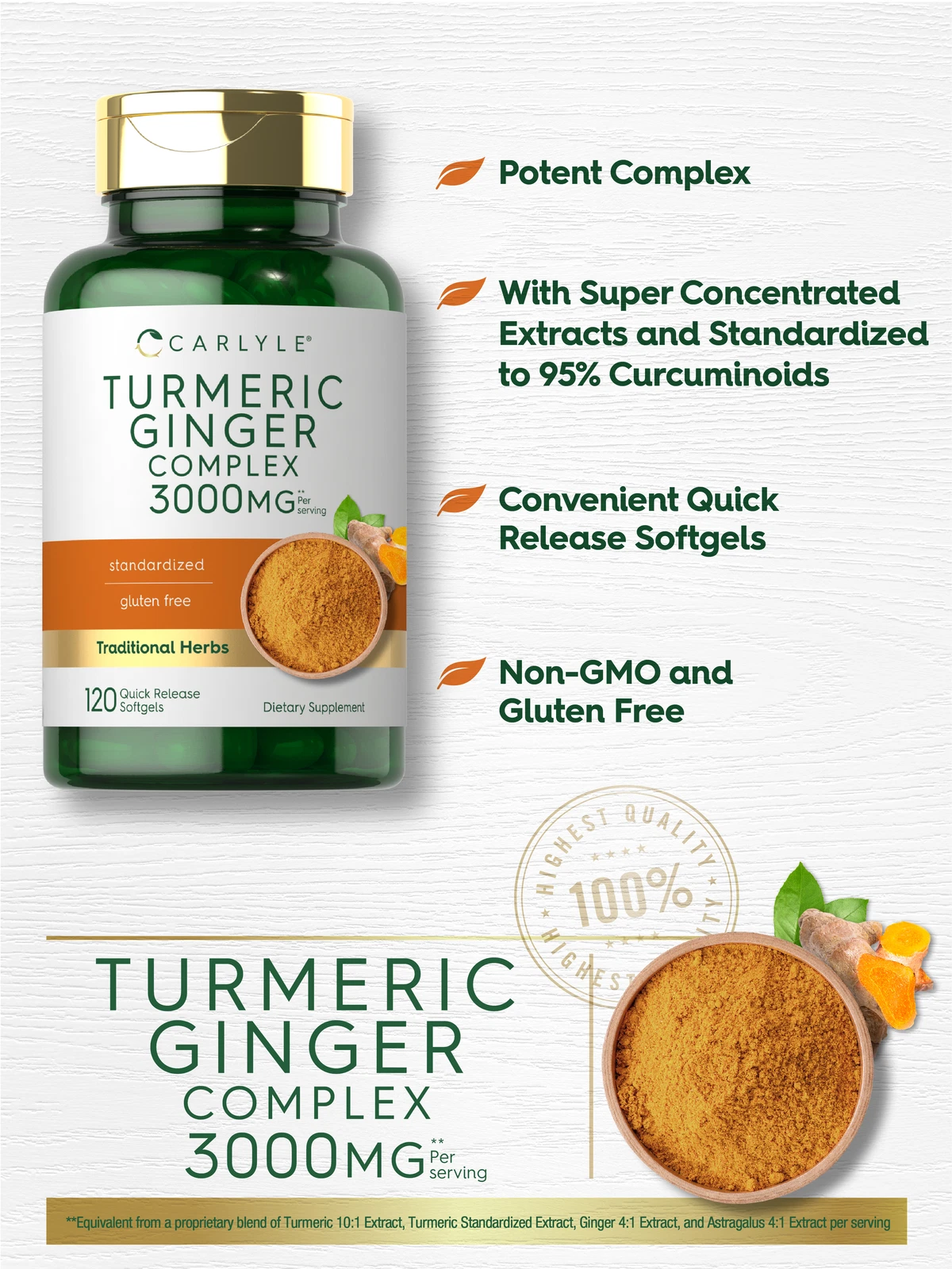 Bottle of Turmeric Curcumin & Ginger Complex 3000mg to support health and wellness