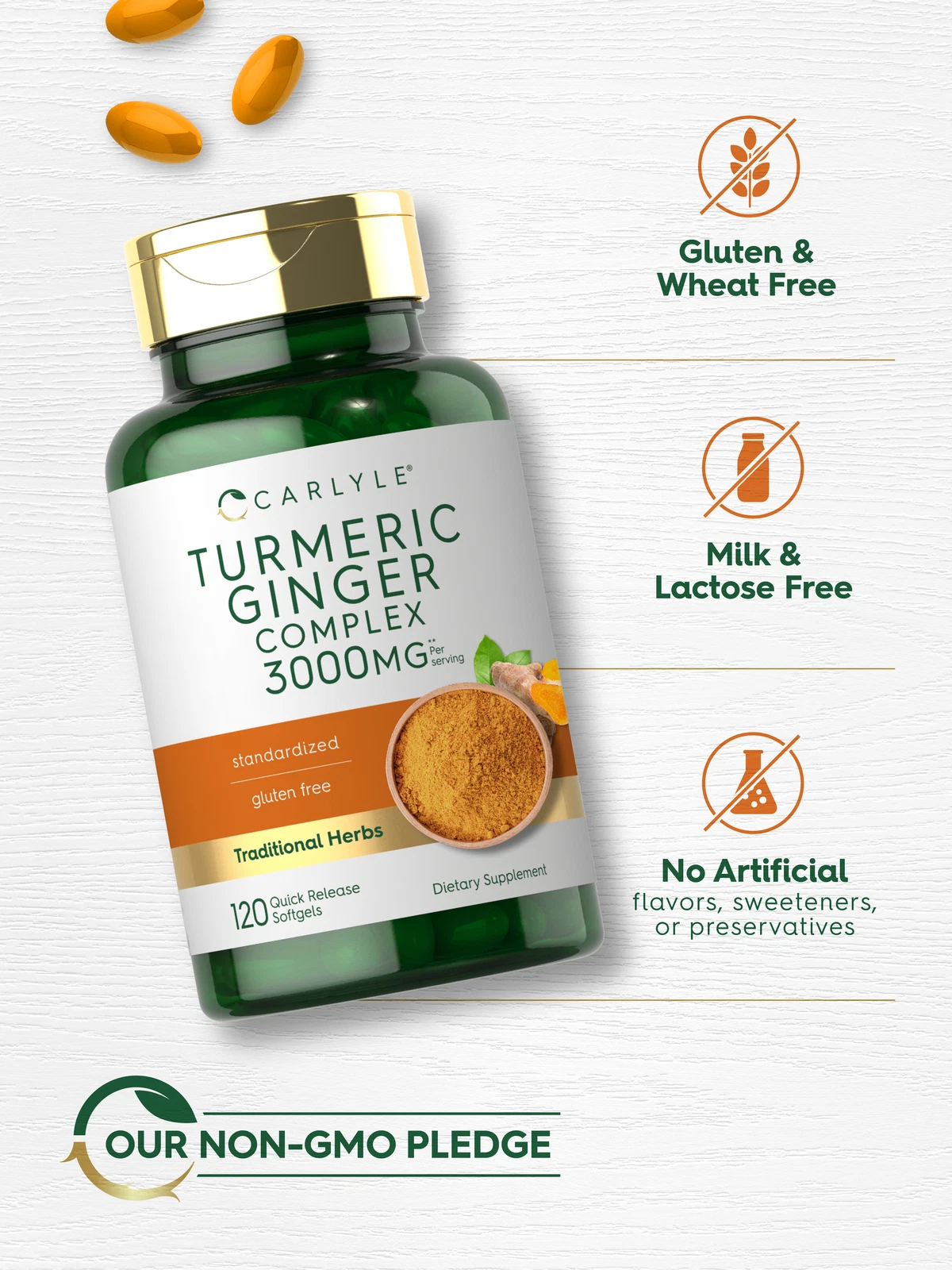Bottle of Turmeric Curcumin & Ginger Complex 3000mg to support health and wellness