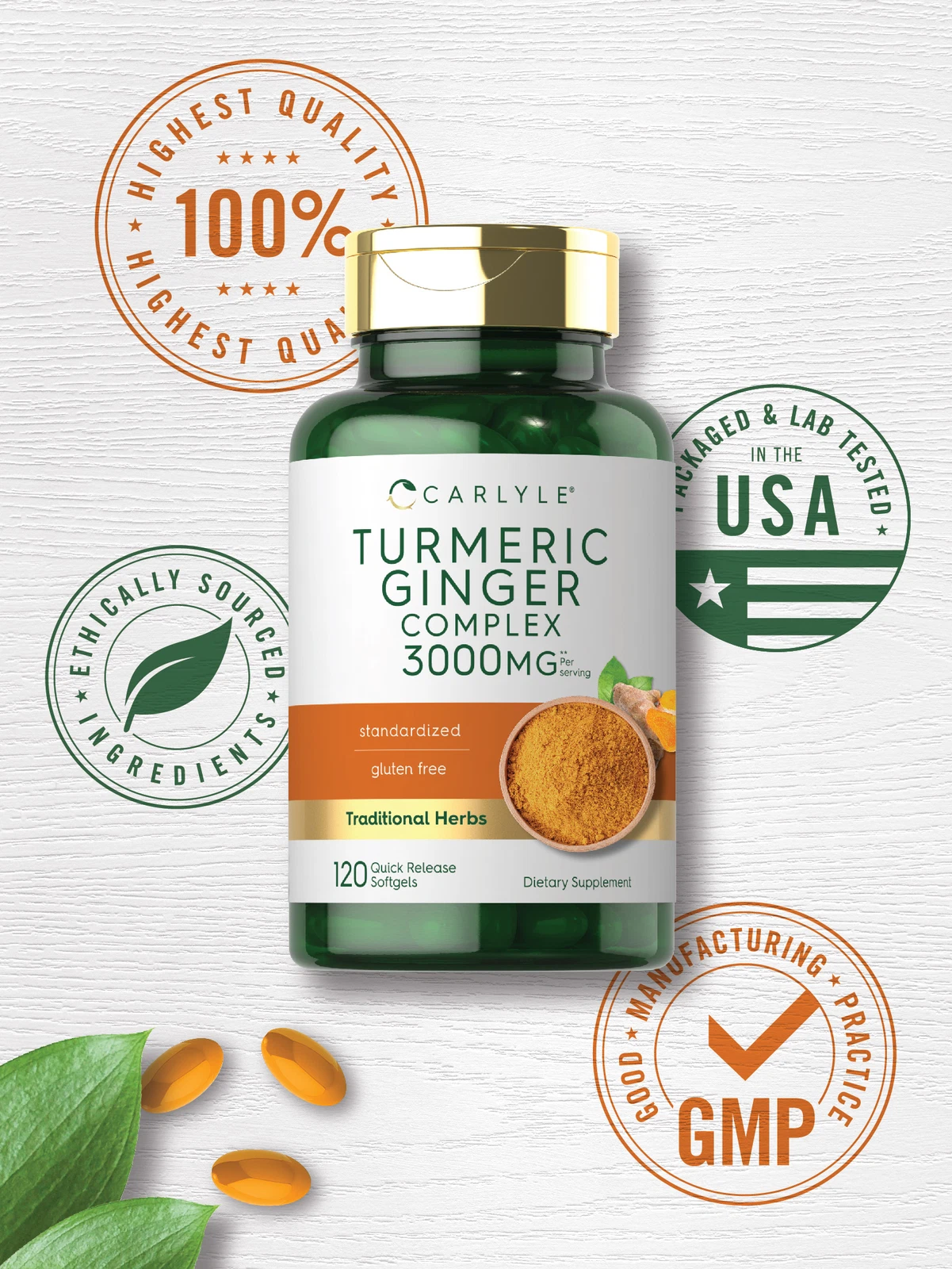 Bottle of Turmeric Curcumin & Ginger Complex 3000mg to support health and wellness