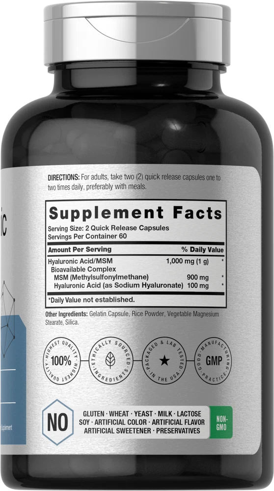 Bottle of Hyaluronic Acid with MSM 1000mg to support health and wellness