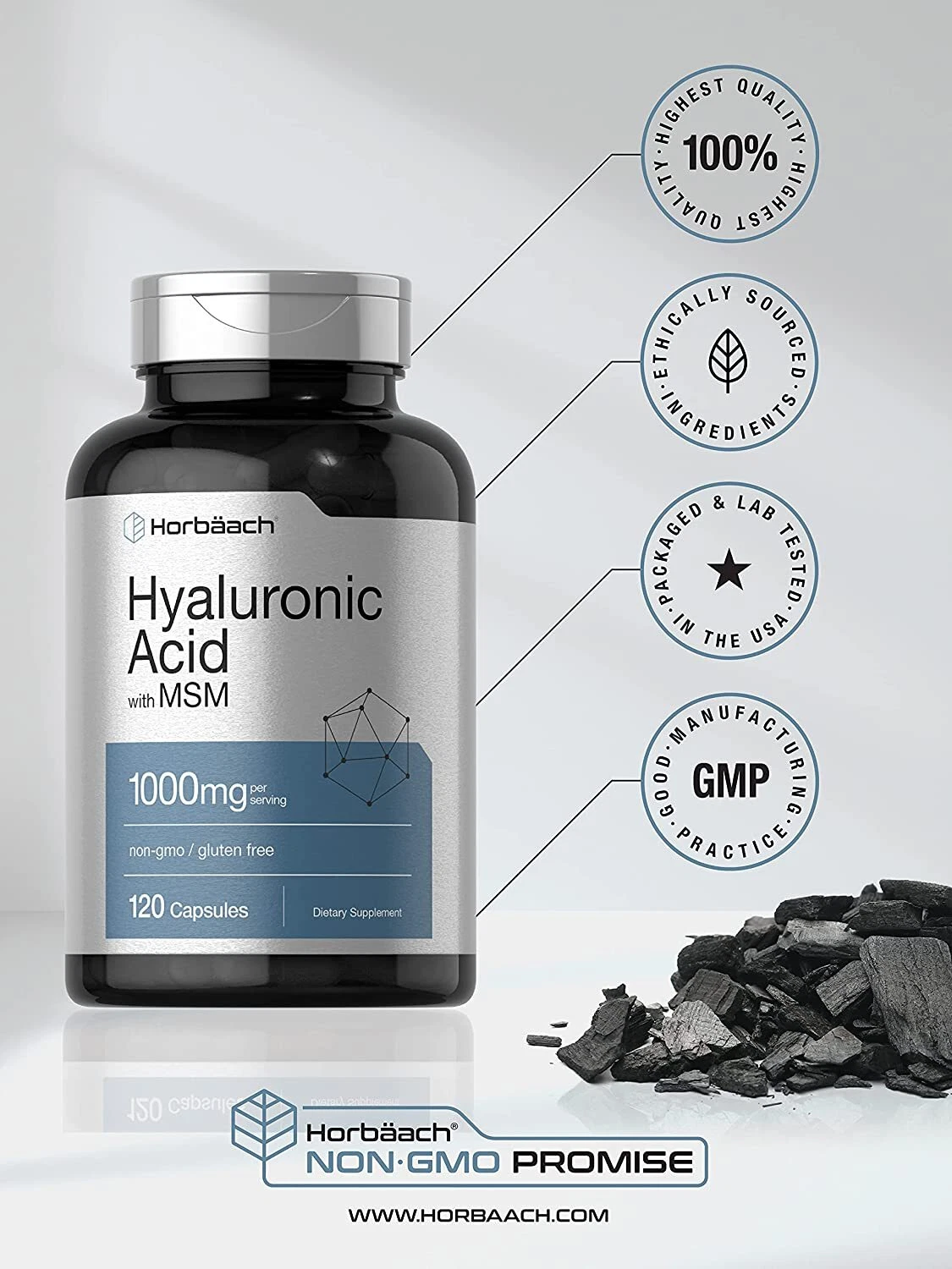Bottle of Hyaluronic Acid with MSM 1000mg to support health and wellness