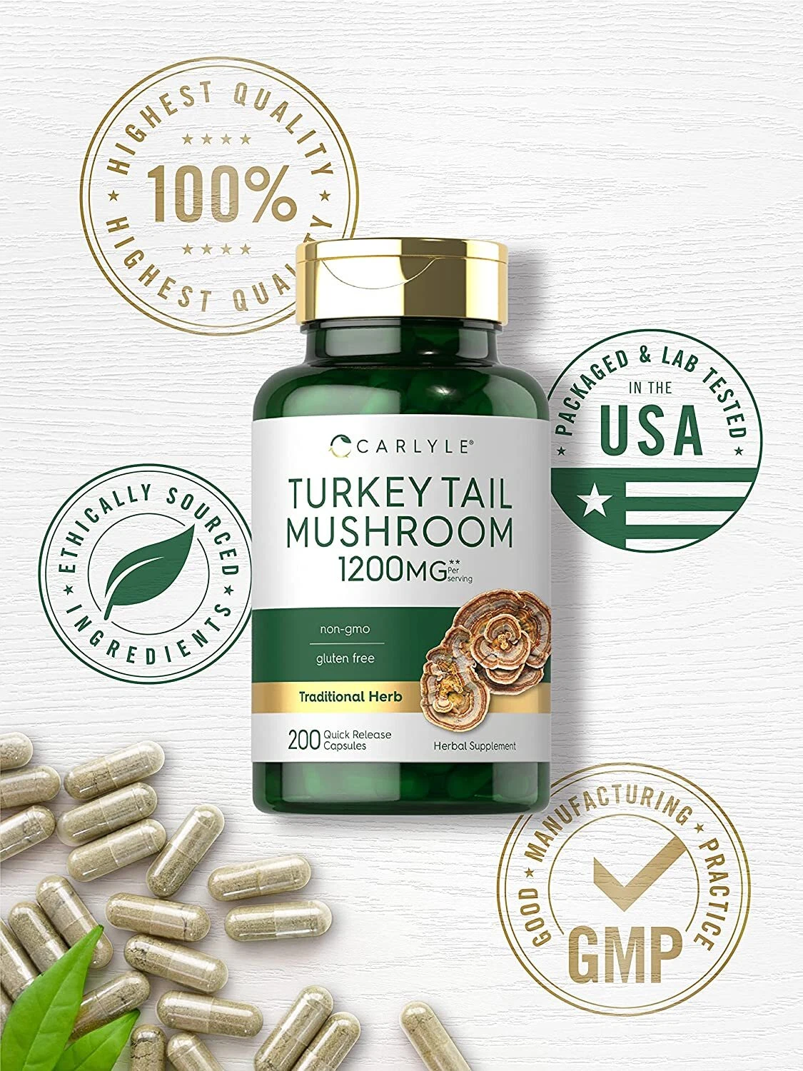 Bottle of Turkey Tail Mushroom 1200mg to support health and wellness