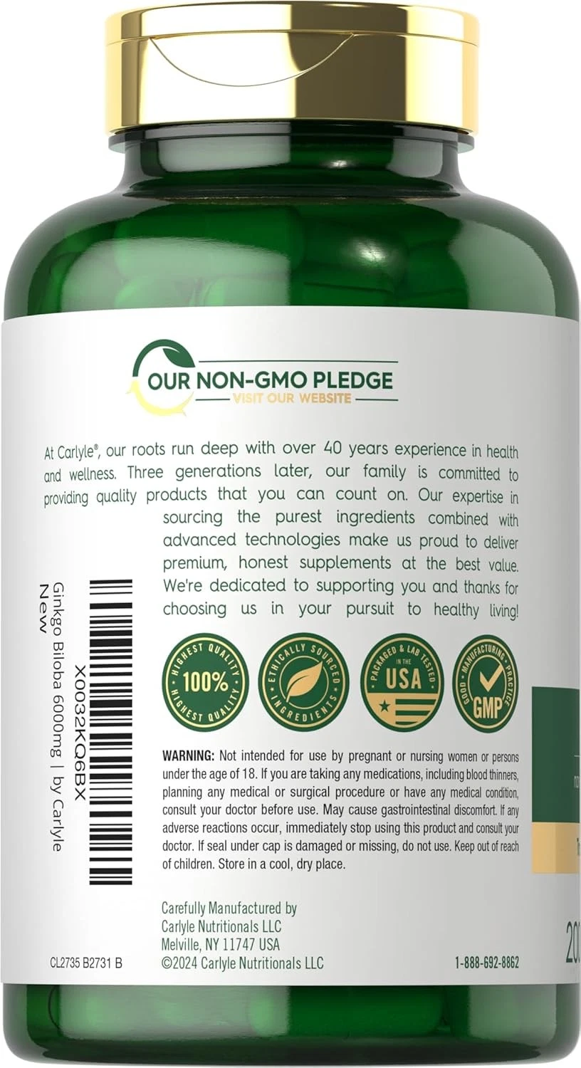 Bottle of Ginkgo Biloba 6000mg to support health and wellness