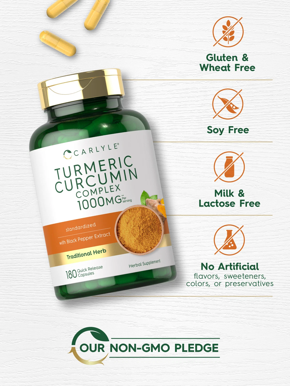 Bottle of Turmeric Curcumin 1000mg with Black Pepper to support health and wellness