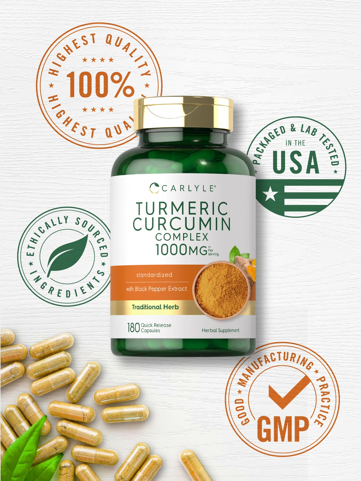 Bottle of Turmeric Curcumin 1000mg with Black Pepper to support health and wellness