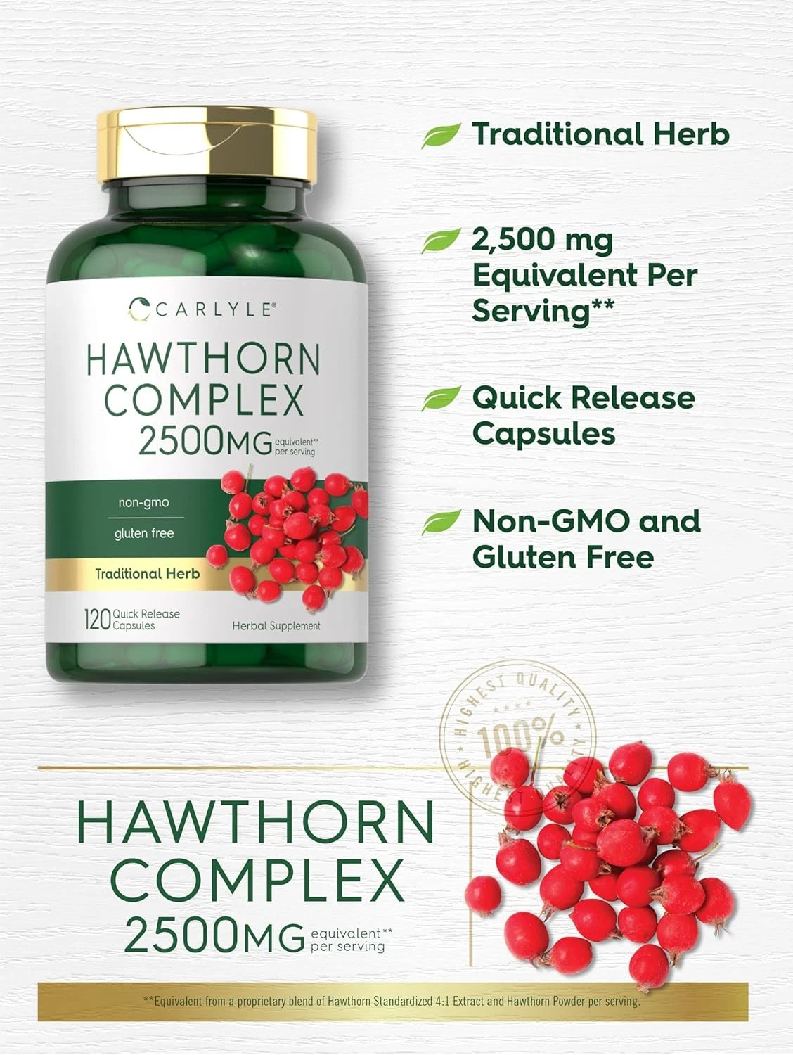 Bottle of Hawthorn Berry Complex 2500mg to support health and wellness