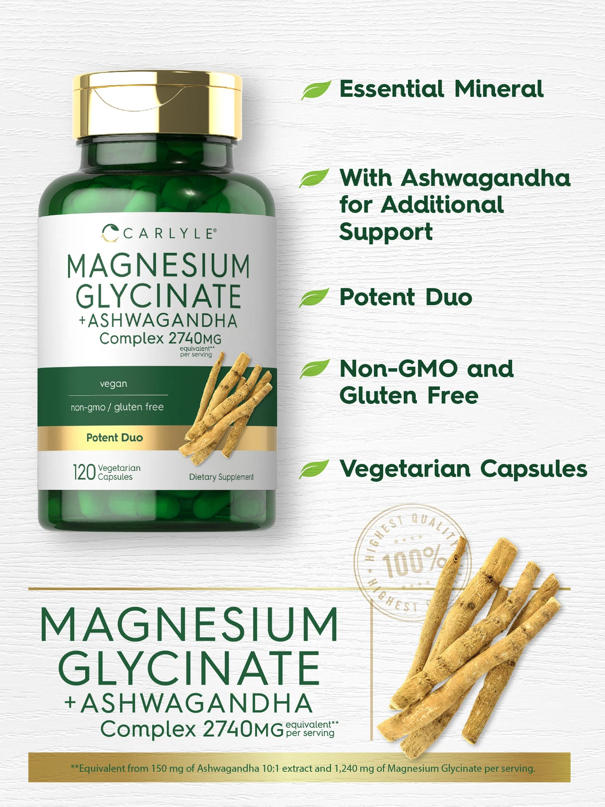Bottle of Magnesium Glycinate with Ashwagandha 2740mg to support health and wellness