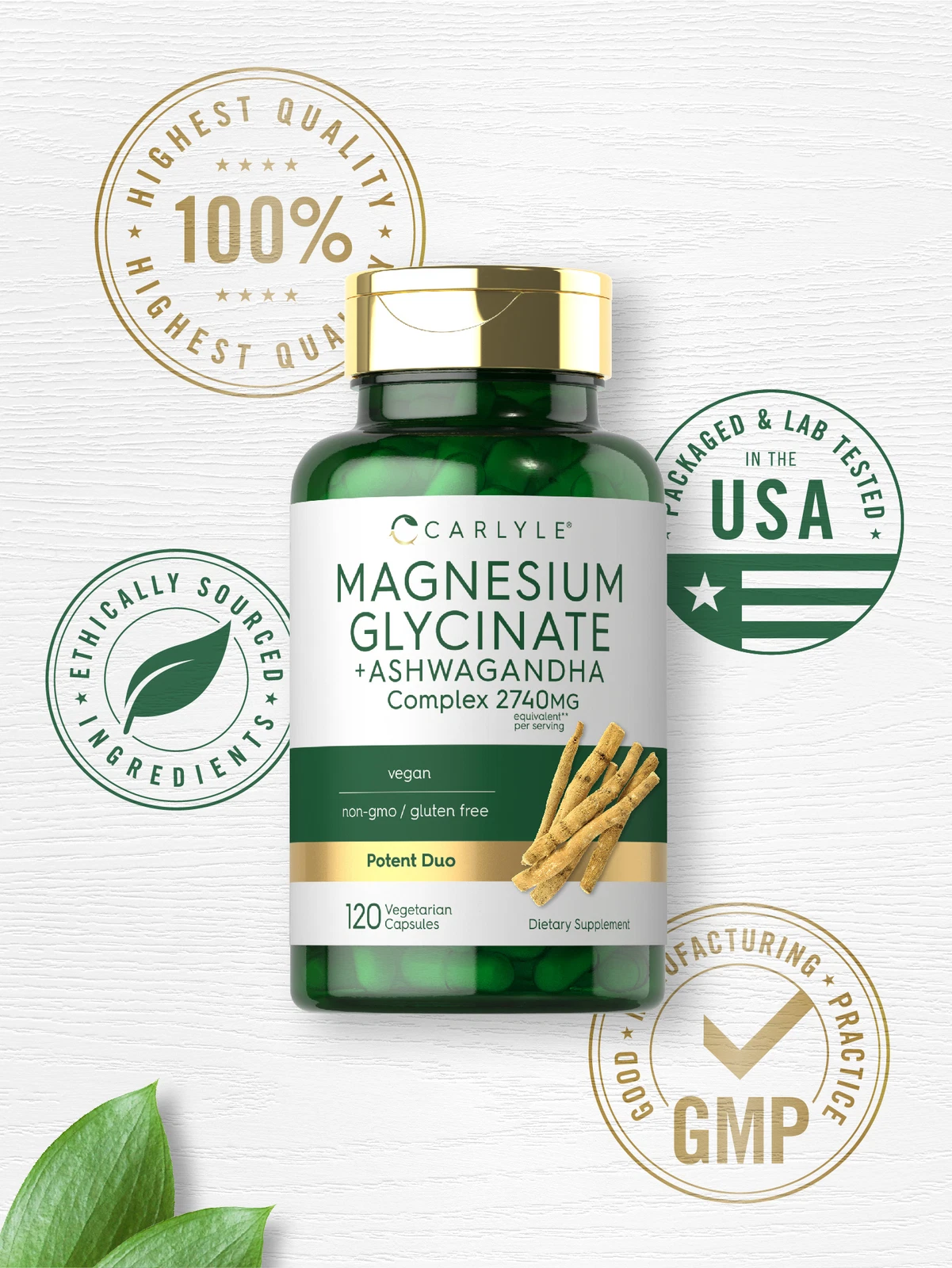 Bottle of Magnesium Glycinate with Ashwagandha 2740mg to support health and wellness
